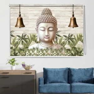 Serene Buddha Face Roller Blind with Temple Bells and Tropical Palm Motif