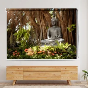 Buddha meditating under a banyan tree surrounded by greenery on a spiritual roller blind.