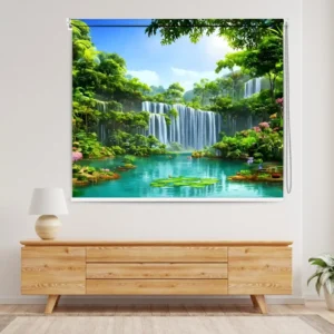 Nature waterfall roller blind with lush green forest and turquoise water landscape design