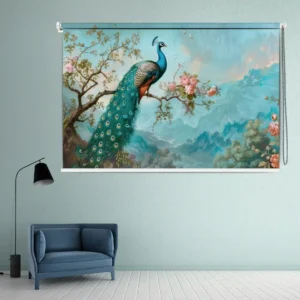 Serene Peacock Landscape Roller Blind with Blossoming Branches