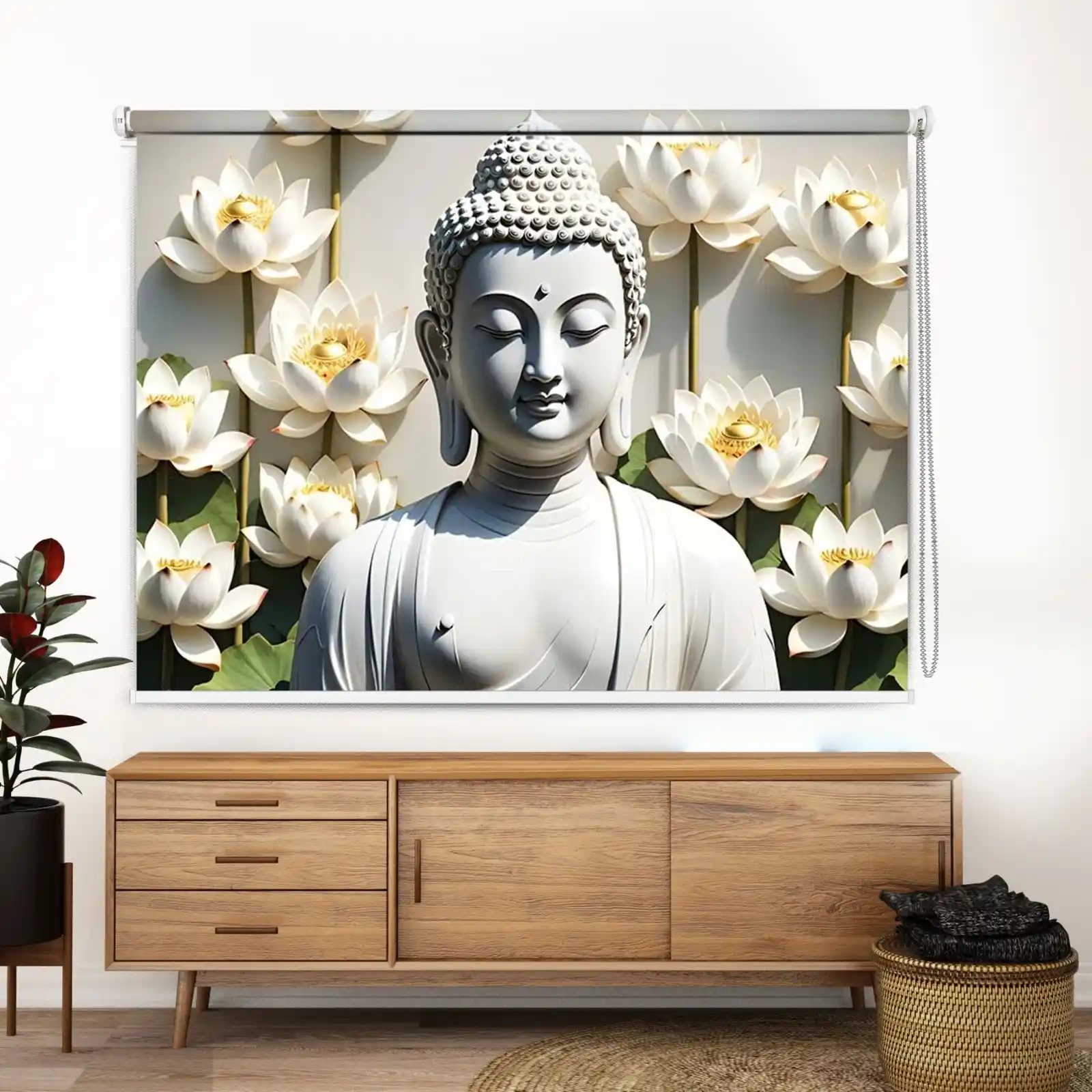 Serene White Buddha Roller Blind with Lotus Bloom Backdrop