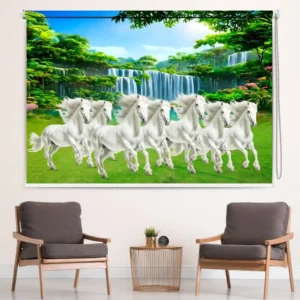 Seven Running White Horses Design Vastu Roller Blind with green landscape and waterfall symbolizing prosperity and success