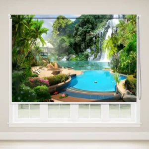 Tropical waterfall and pool scenery roller blind for home décor, vastu-compliant nature window blind