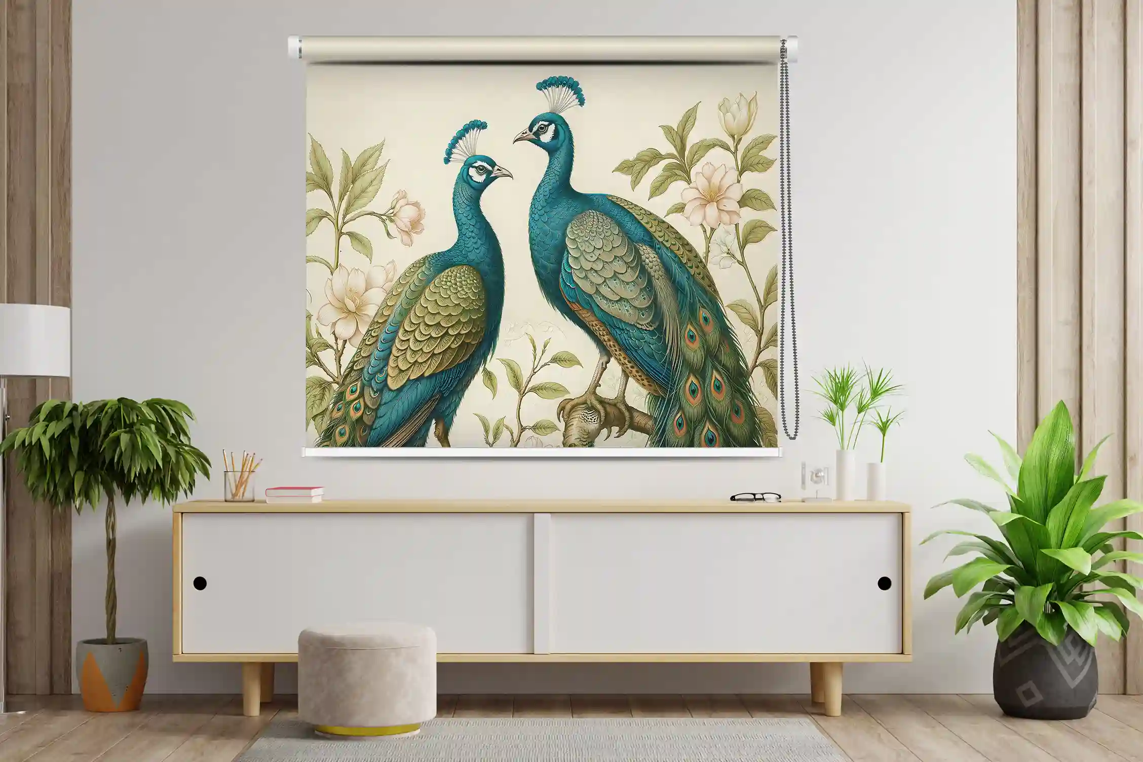 Twin Peacock Garden Inspired Designer Roller Blind with Floral Motifs