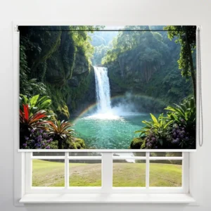 Vastu-Inspired Forest Waterfall Roller Blind with Rainbow & Greenery for Peace or Positivity