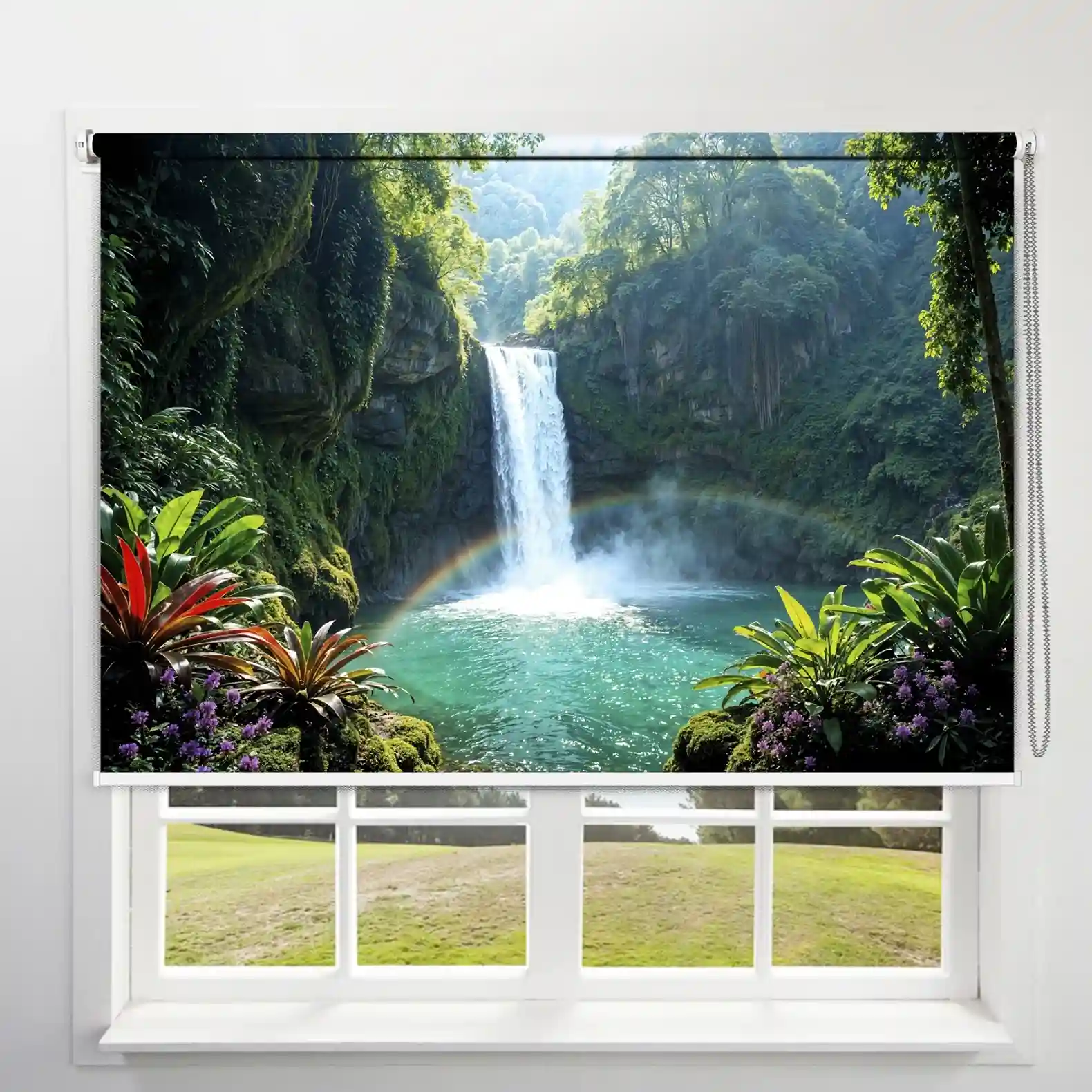 Vastu-Inspired Forest Waterfall Roller Blind with Rainbow & Greenery for Peace or Positivity
