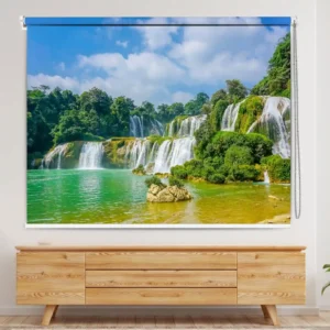 Vastu-Inspired Scenic Green Landscape Waterfall Roller Blind featuring lush green waterfalls and scenic nature landscape
