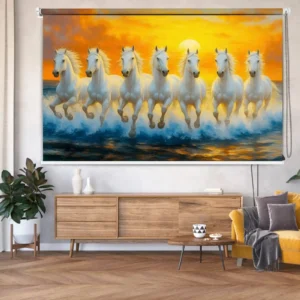 Vastu Inspired Seven Running White Horses with Ocean Sunset Roller Blind