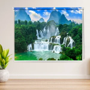 Vastu nature waterfall landscape printed roller blind with green forest and flowing water.
