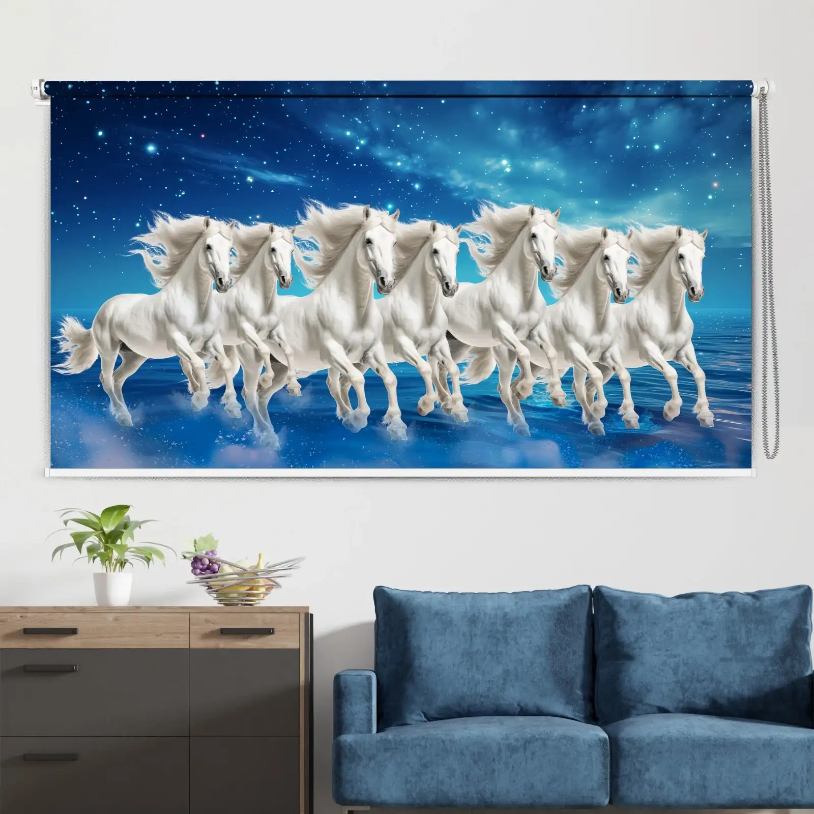 Vastu-inspired 7 White Running Horses Roller Blind