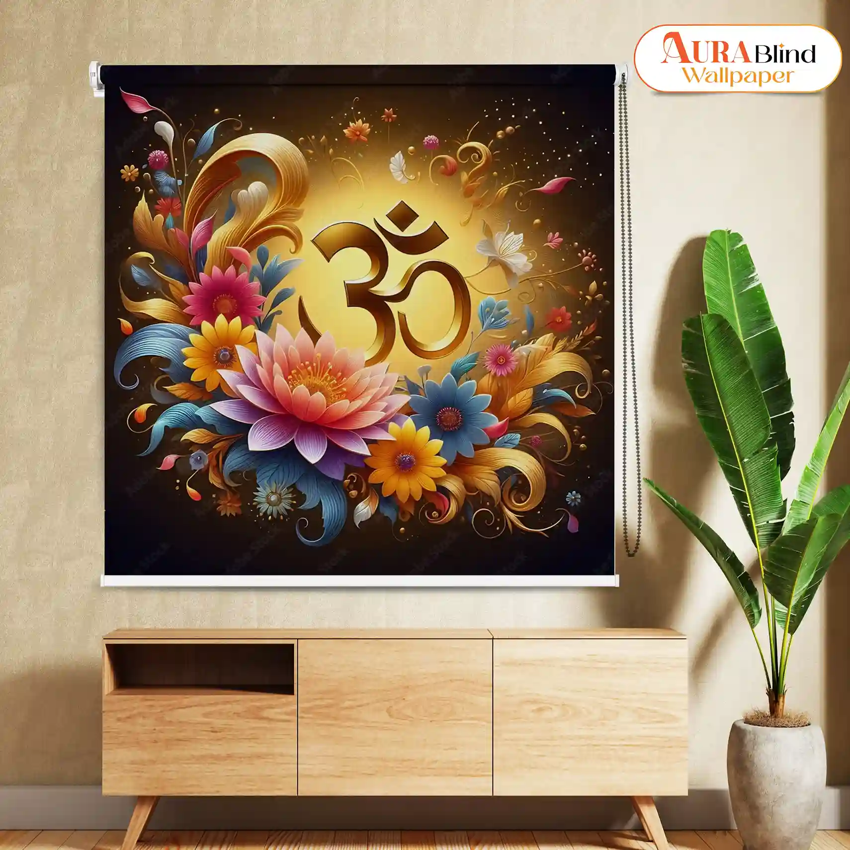 Divine Mandala & Om Floral Art Roller Blind for Pooja Room
