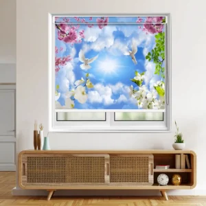 Heavenly Sky and White Doves Floral Roller Blind